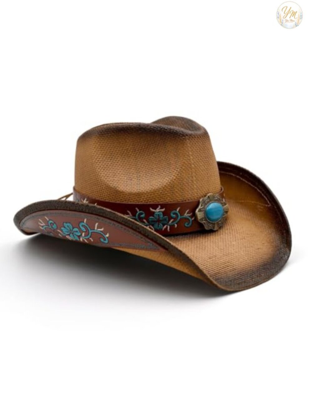 Handwoven Straw Cowboy Hat with Turquoise Faux Leather Band